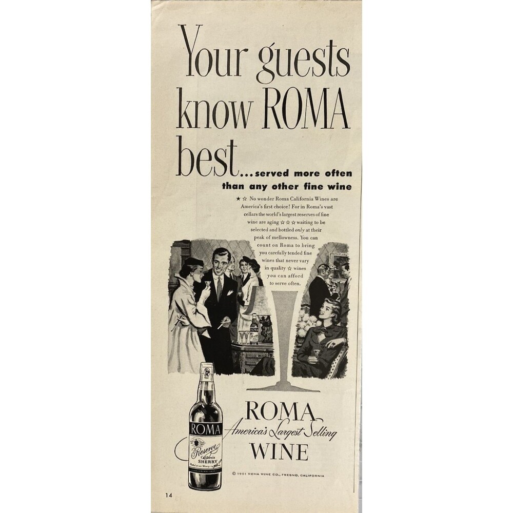 ROMA Reserve Sherry "America's Largest Selling Wine" Vintage Print Ad 1951